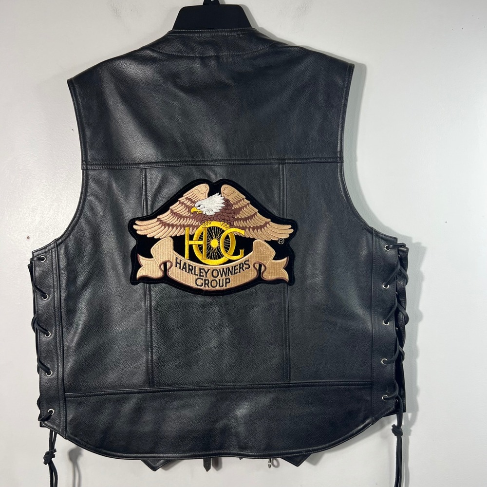 Harley Davidson Leather MotorCycle Vest‎ Patches Black L Lined Side Laces - Picture 2 of 8